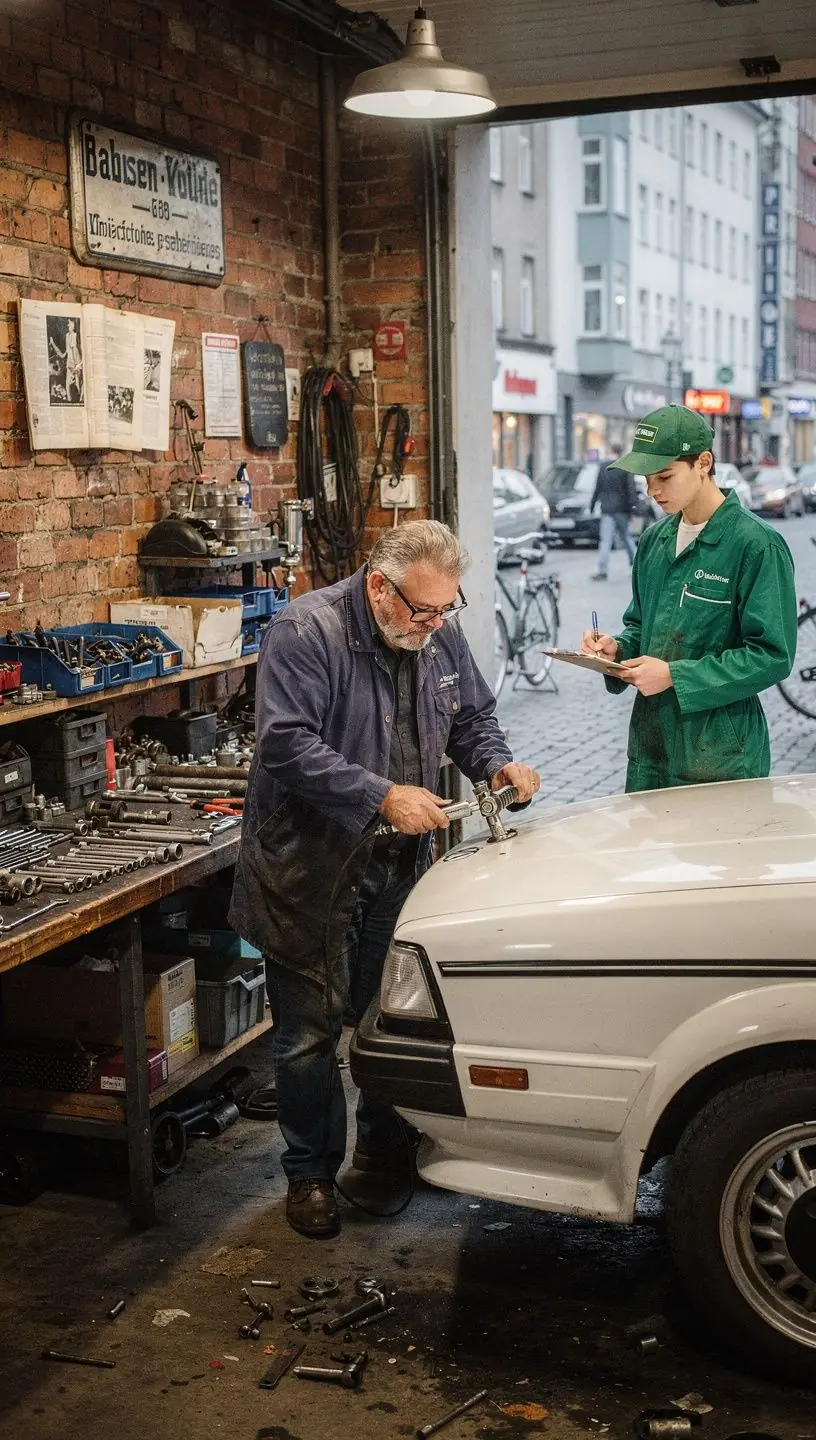 Nahaufnahme eines Motors eines klassischen Fahrzeugs während der fachgerechten Wartung.